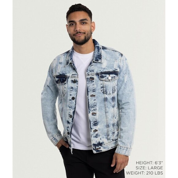 Mens Acid Stone Denim Jacket Washed Ripped Distressed Stretch Casual Trucker - Picture 3 of 9